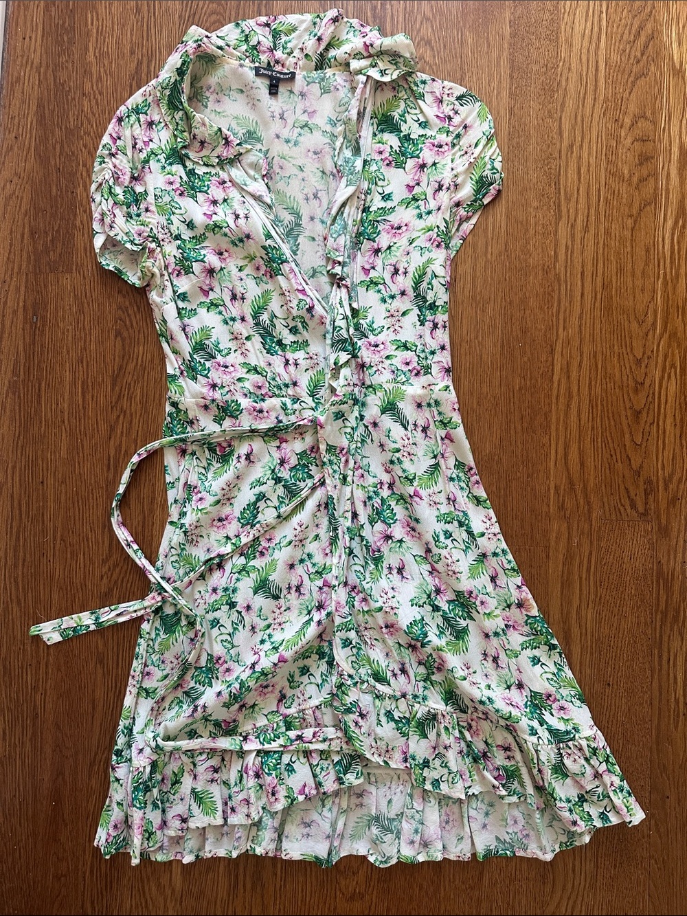 Juicy Couture White Floral Mini Wrap Dress with Pink and Green